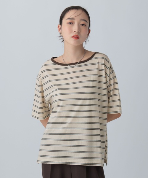 ラフシモンズ ボーダー Tシャツ 半袖 R ロゴ 刺繍 薄手 綿 50 LEPSIM（レプシィム） tシャツ 半袖 シアーボーダーT 849867