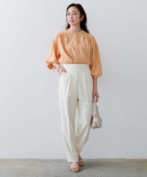 春夏SALE【イリゼ/T5093/50%OFF】ポリエステル凹凸サッカーギャザースクエアネックAラインブラウスヨーク袖山ドロストセンターリボンパフ5分袖/sph/9i51b601xx dta0050：シャツ襟オーバーサイズブラウス【早得+760ポイント
