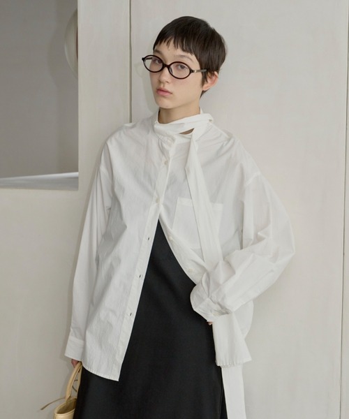 GIUNON ブラウス シャツ collarless tie neck shirt / カラーレスタイ 