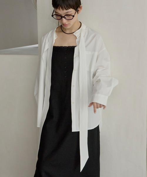giunon ブラウス　ブラック GIUNON ブラウス シャツ collarless tie neck shirt / カラーレスタイ