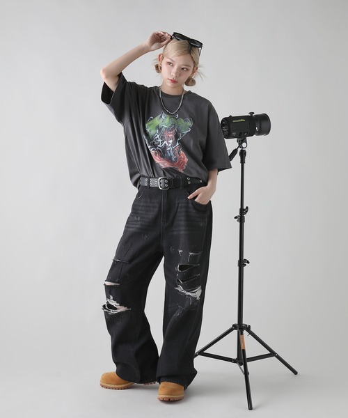 超ワイド デニムパンツ S~XL ヴィンテージ ダメージ加工 セール】【Snap club】ヴィンテージ加工ダメージデニムワイド