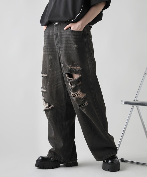 ワイドバギーオーバーダイ汚れ加工デニム VELNUS】【12oz】 Vintage design damaged wide baggy denim