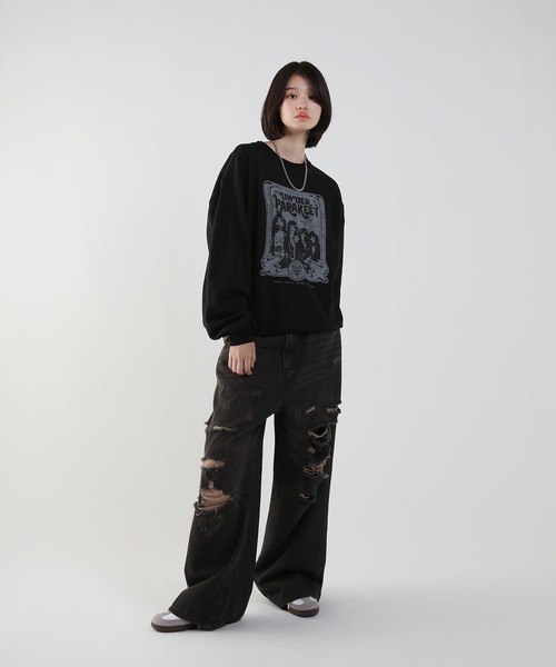 超ワイド デニムパンツ S~XL ヴィンテージ ダメージ加工 セール】【Snap club】ヴィンテージ加工ダメージデニムワイド