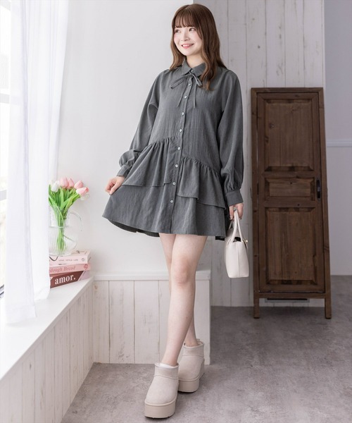 clear ワンピース 「低身長用サイズ有」ピーチ起毛リボン付きアシメ