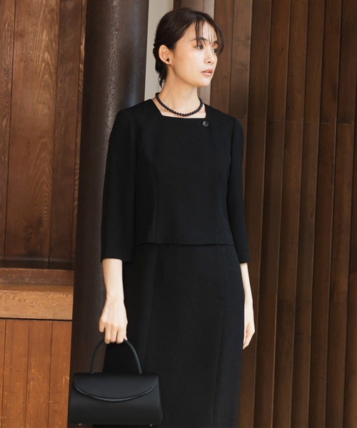 セレモニースーツ セットアップ 「喪服・礼服」フリルカラージャケット＆ワンピース ブラックフォーマルセット レディースの画像