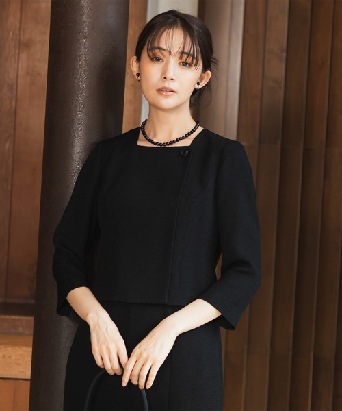 セレモニースーツ セットアップ 「喪服・礼服」フリルカラージャケット＆ワンピース ブラックフォーマルセット レディースの画像