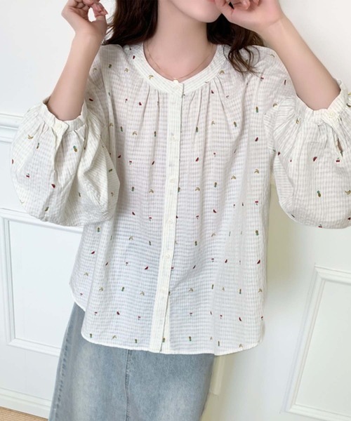 ブラウス シャツ 刺繍コットンブラウス レディース