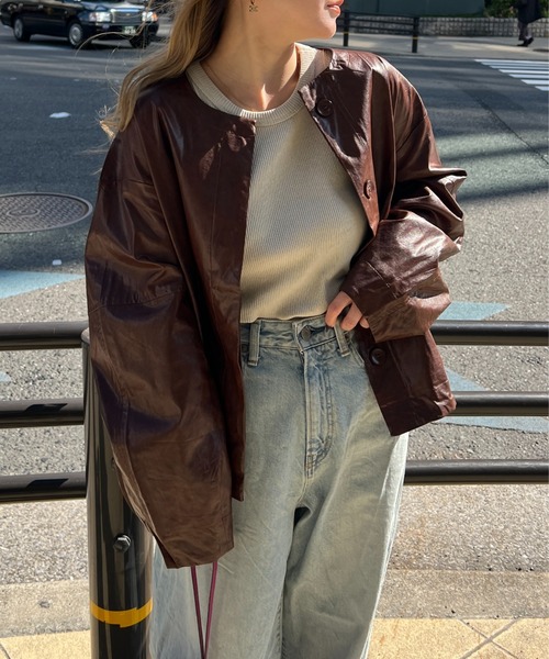 【良品】MASAKI PARIS レザージャケット ノーカラー 46 茶色 e696ce77-6433-4253-88a5-