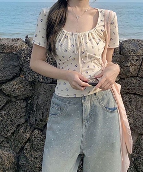 SHEENA（シーナ） tシャツ 小花柄テレコリボントップス レディース