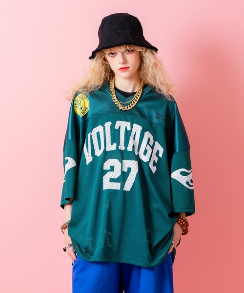 tシャツ a.p.o.v. ストリートロゴプリントシャイニーコンビメッシュ