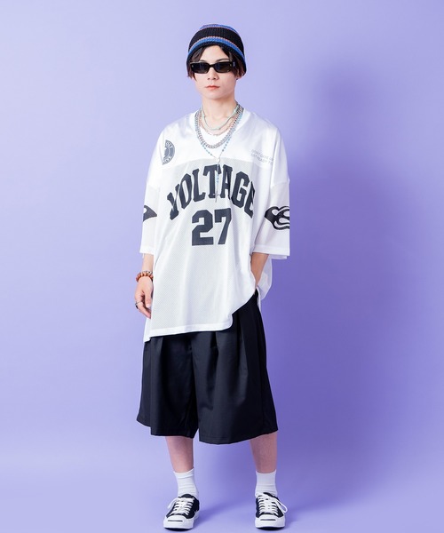 tシャツ a.p.o.v. ストリートロゴプリントシャイニーコンビメッシュ