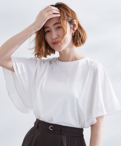 Drawer ドゥロワー テンジク フレアスリーブ カットソー プルオーバー grove（グローブ） tシャツ 半袖 「UVカット/二の腕カバー」1枚で