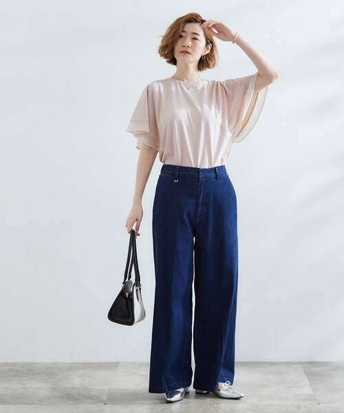 Drawer ドゥロワー テンジク フレアスリーブ カットソー プルオーバー grove（グローブ） tシャツ 半袖 「UVカット/二の腕カバー」1枚で