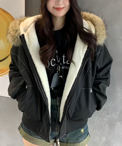 emi+ ブルゾン アウター フェイクファーフーディブルゾン レディース