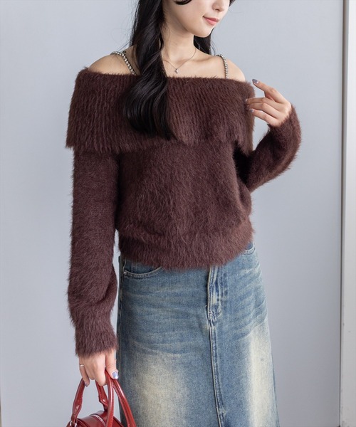 clear ニット セーター 肩ビジューフェザーオフショルニットトップス