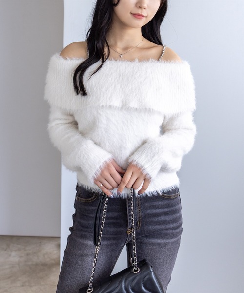 clear ニット セーター 肩ビジューフェザーオフショルニットトップス