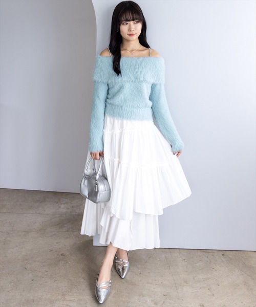 clear ニット セーター 肩ビジューフェザーオフショルニットトップス