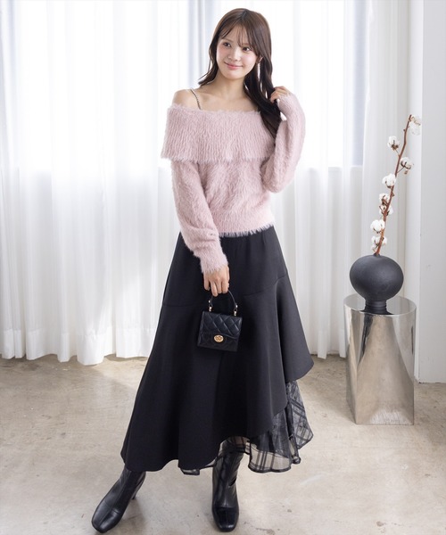 専用 andwang オフショルニット & ショッパー & キャップ ミックスシャギーフェザーオフショルニットトップス [N1147