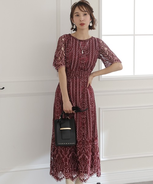 「PourVous」 半袖ワンピース S ボルドー レディース_画像5