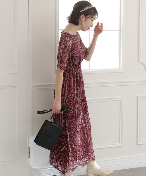 「PourVous」 半袖ワンピース S ボルドー レディース_画像8