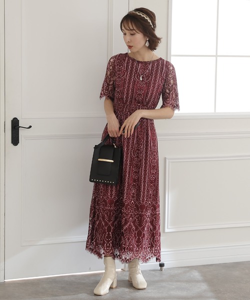 「PourVous」 半袖ワンピース S ボルドー レディース_画像9