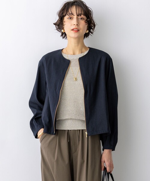 コート アウター リネンレーヨンストレッチ ノーカラー ブルゾン