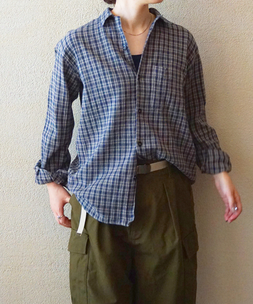ブラウス シャツ 「HTS」COTTON CHECK ONE-UP COLLAR SHIRT レディースの画像
