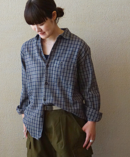 ブラウス シャツ 「HTS」COTTON CHECK ONE-UP COLLAR SHIRT レディースの画像