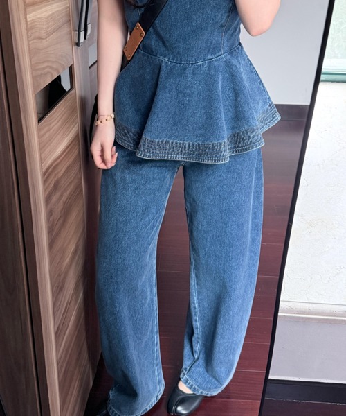 セットアップ デニムノースリーブトップス+パンツセットアップ