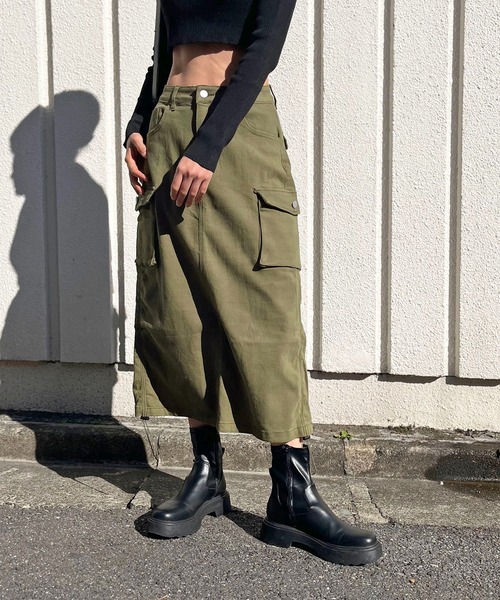 Jewelobe スカート ストレッチツイルカーゴロングスカート