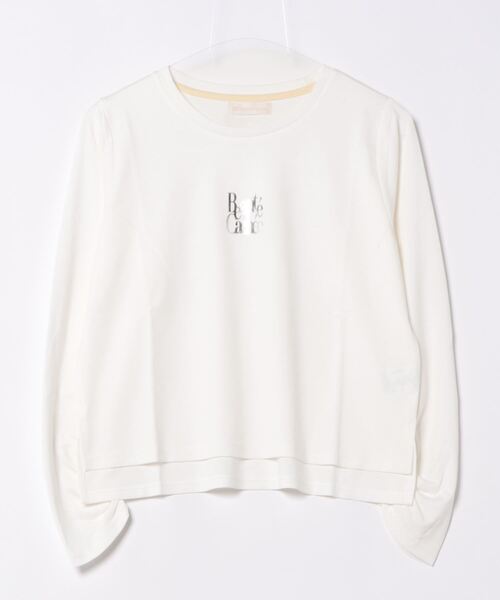 tシャツ 箔プリントロゴ袖先ギャザーロンT レディース