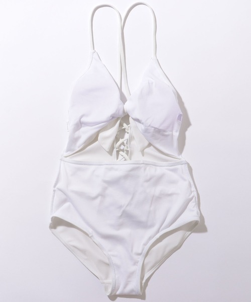 カットアウトデザイン ワンピース水着 ホワイト/グレー Lace Ladies（レースレディース） 水着 フロントリボン カットアウト