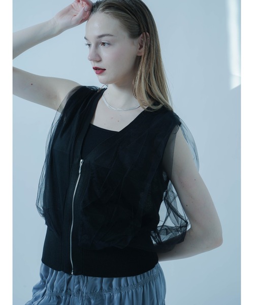 ベスト ジレ TULLE DOCKING KNIT VEST レディース