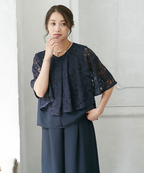 Jolie et パンツドレス 前開きレースケープ風パンツドレス