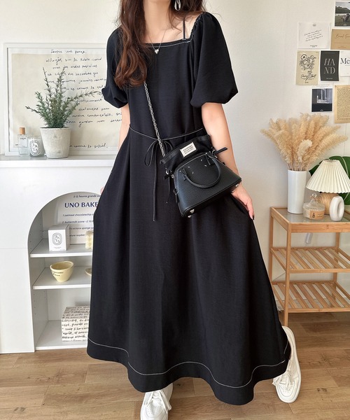 【送料込】ドレス ロング パフスリーブ 長袖 ワンピース GIRL｜パフスリーブ総レースフレアロング丈 結婚式 ワンピース
