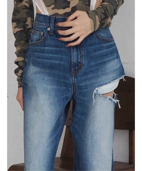【超美品】EVRIS サイドカッティングレースワイドデニム EVRIS ジーンズ デニム デニムパンツ 「再生産！」サイド