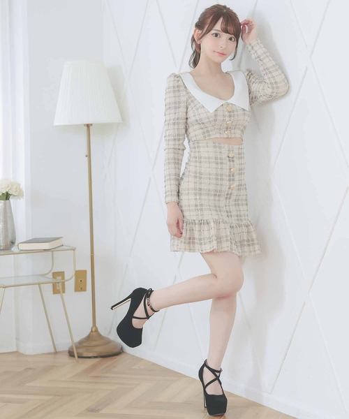 Tika ワンピース 韓国ワンピース襟付きUネック長袖アウト
