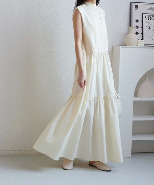 Maison celonノースリーブロングワンピース ベージュ ノースリーブAラインロングワンピース＜大きいサイズ有