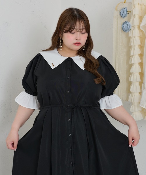 S114: 新品❣️ 総柄 袖レース半袖ワンピース サイズ40 セーラーカラー フラワーレース ティアードワンピース ロング丈