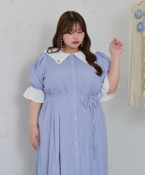 ワンピース 半袖 大きいサイズ】プレート付きセーラーカラー半袖ワンピース