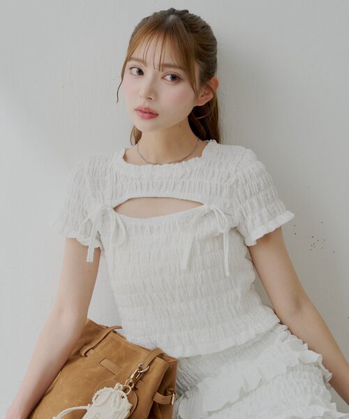 【5％OFF】 Chico tシャツ 「6色展開」フロントリボンボレロデザインT トップス