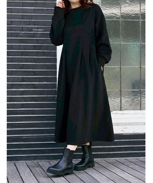 美品★ENFOLD★裏起毛 バルーン ワンピース ロング ゆったりネイビー 36 fifth（フィフス） ワンピース 裏起毛ウエストタックワンピース