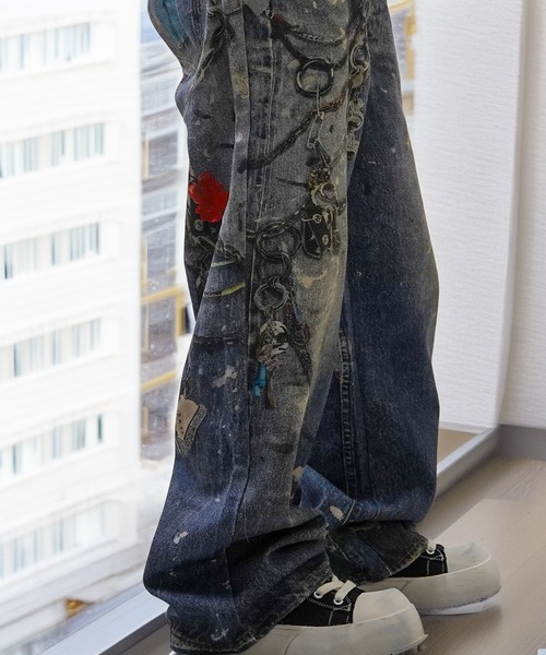 MEMORY ワイドパンツ ジーンズ 「MEMORY」転写 デニムパンツ