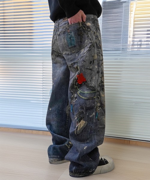 MEMORY ワイドパンツ ジーンズ 「MEMORY」転写 デニムパンツ