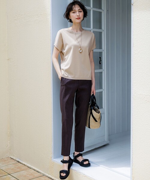 パンツ リネンレーヨンストレッチ テーパード パンツ レディースの画像
