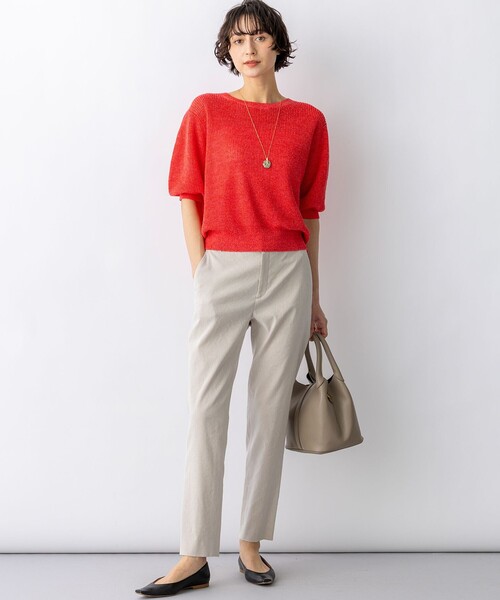 パンツ リネンレーヨンストレッチ テーパード パンツ レディースの画像