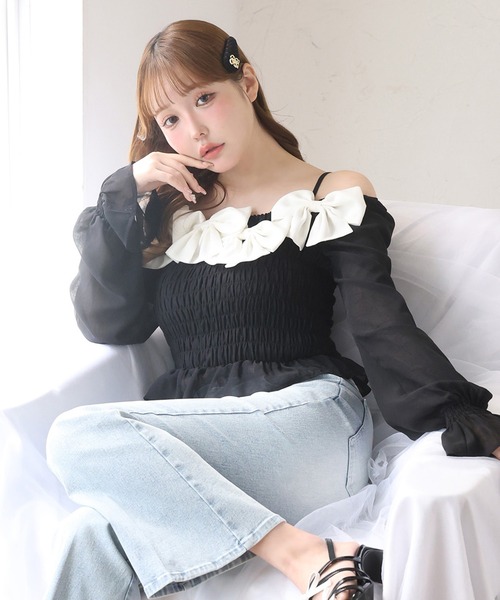 ふんわり ブラウス シャーリング 美シルエット リボン 素敵 オシャレ ドレープ one after another NICE CLAUP ブラウス シャツ シャーリングリボン