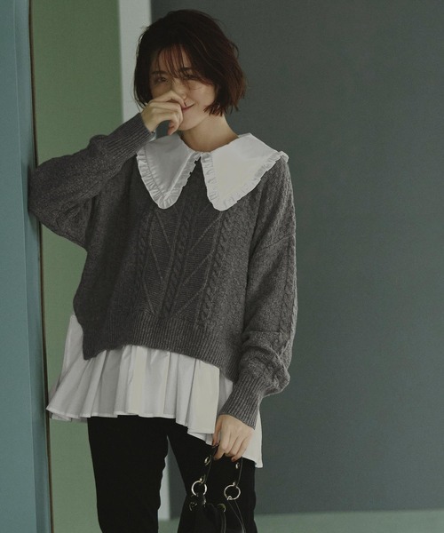 ルイルエブティック RUIRUE BOUTIQUE ビックカラーケーブルニット （アイボリー×オフ） ルイルエブティック RUIRUE BOUTIQUE ビックカラーケーブル