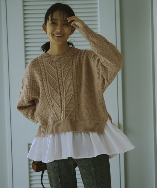 ルイルエブティック RUIRUE BOUTIQUE ビックカラーケーブルニット （アイボリー×オフ） ルイルエブティック RUIRUE BOUTIQUE ビックカラーケーブル