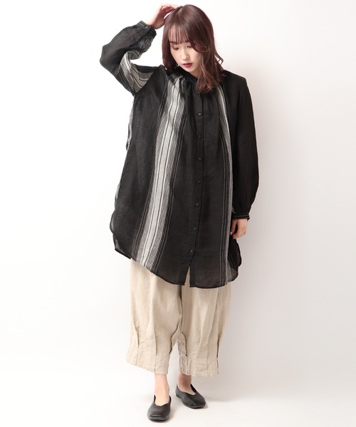 新品タグ付★LOROPIANA★リネン★ポケット★チュニック★ワンピース ubasoku チュニック 「ubasoku」リネンガーゼバンドカラー襟
